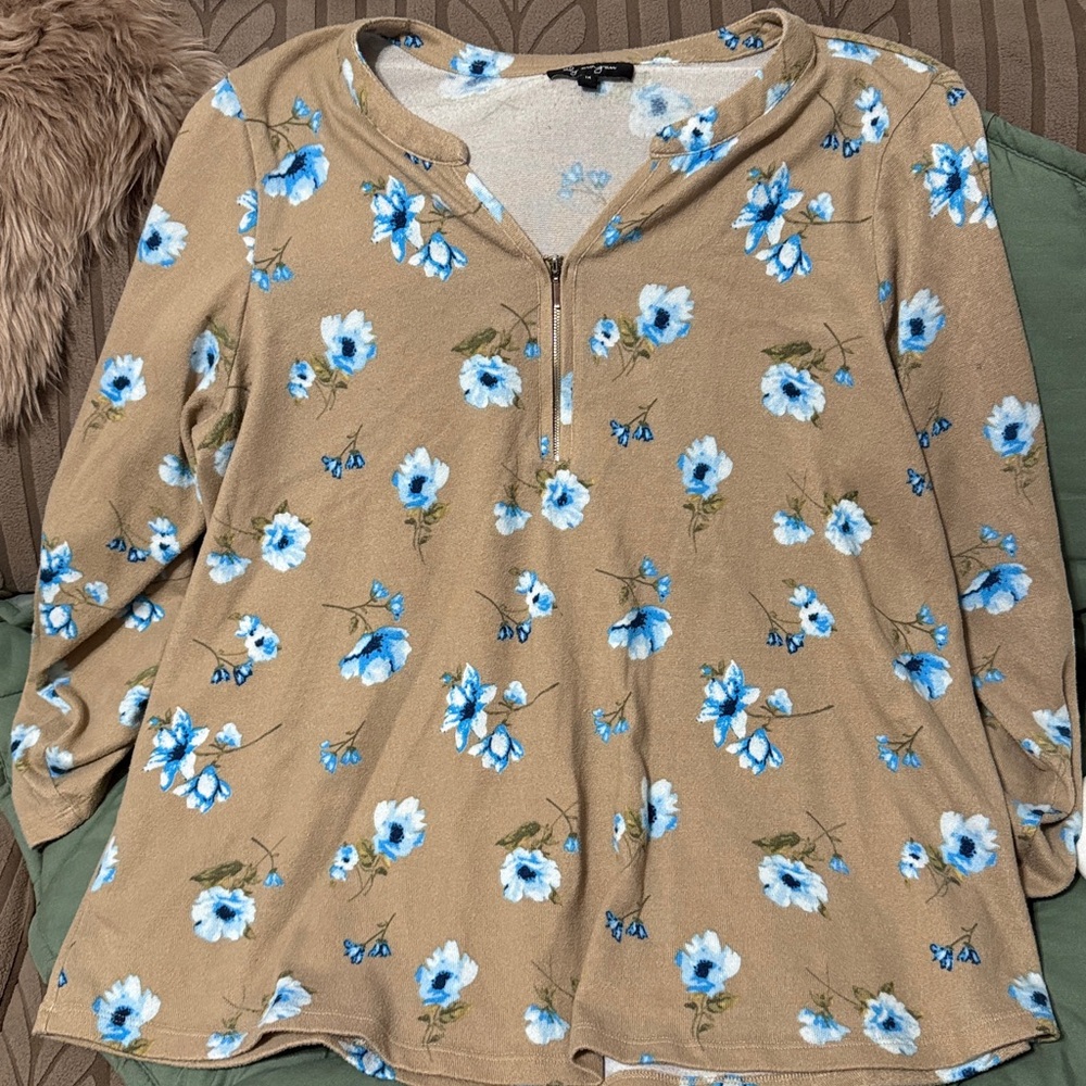 Lily Morgan Tan Blouse sweater with Blue Floral Pattern